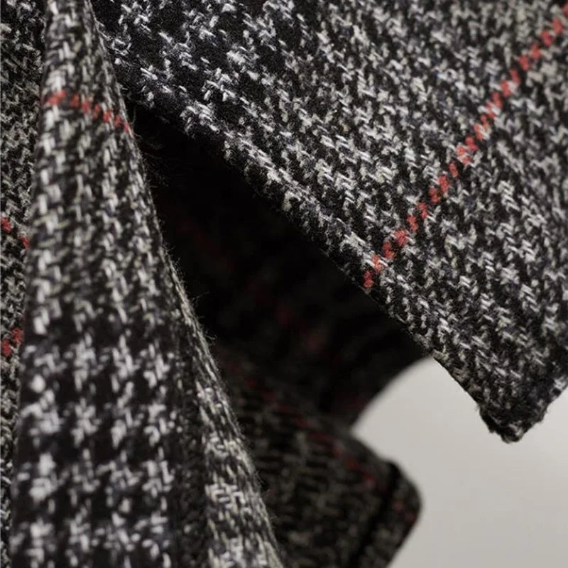 Plaid Vintage Knit Elastic High Waist With Belt A-line  Skirt