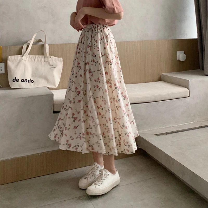 Vintage Floral Print A-line Pleated Long Skirts Summer Women Skirt Streetwear Drawstring Elastic Waist Midi Skirt