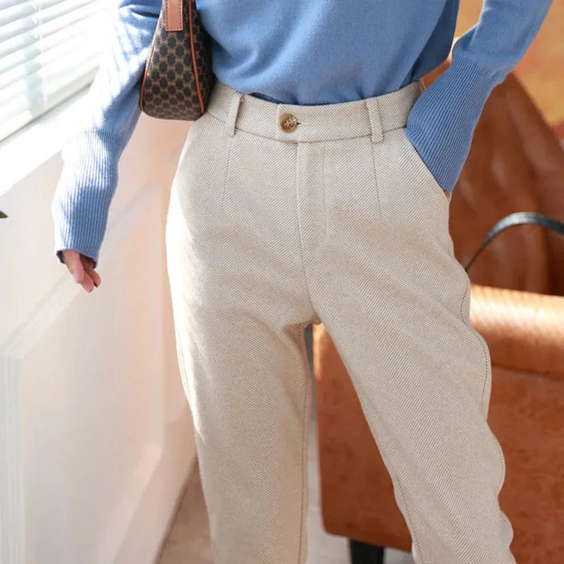 Wool Pants Women's Pencil Pants Autumn Winter High Waisted Casual Suit Pants Office Women Trousers