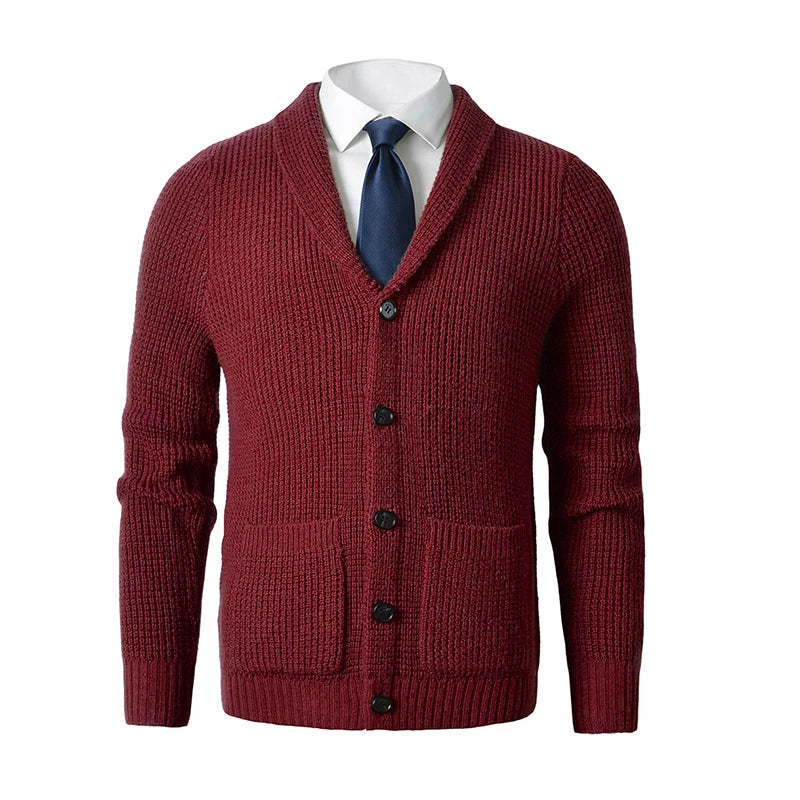 Shawl Collar Cardigan Sweater Slim Fit Cable Knit Button up Merino wool Sweater with Pockets