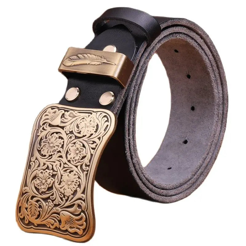 Solid brass flower buckle belt full grain cowhide leather high quality vintage