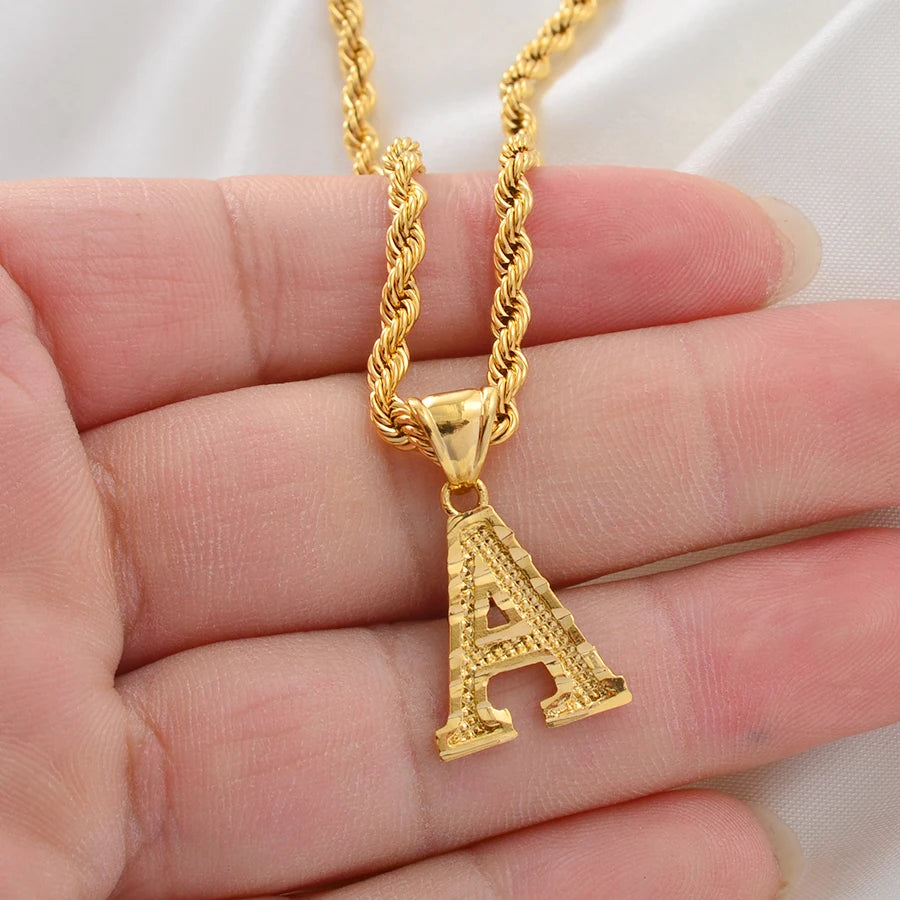 Anniyo A-Z Letters Necklaces Women Men Gold Plated Initial Pendant Rope Chain English Letter Jewelry Alphabet