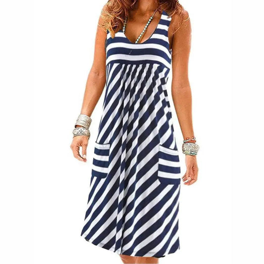 Fashion striped dress  summer dress  loose simple sleeveless dress women's clothing Pockets