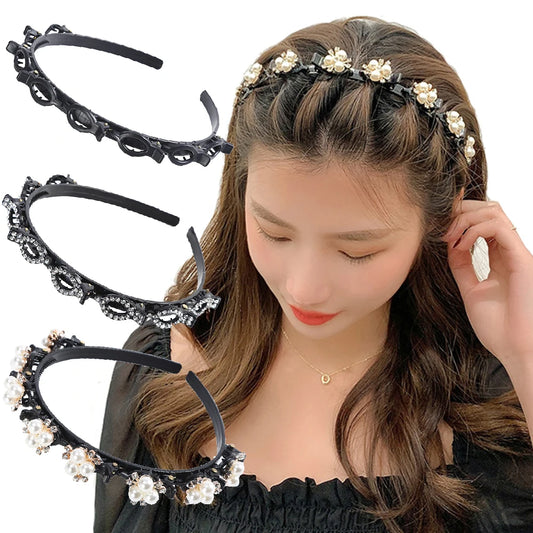 Double Layer Bands Clip Hairbands Fashion Plastic Braided Headband Knitting Women's Headwear Hair Accessories Pearl