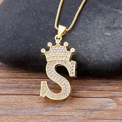 Nidin  Luxury Copper Zircon A-Z Crown Alphabet Pendant Chain Necklace Hip-Hop Style Fashion Woman Man Initial Name Jewelry