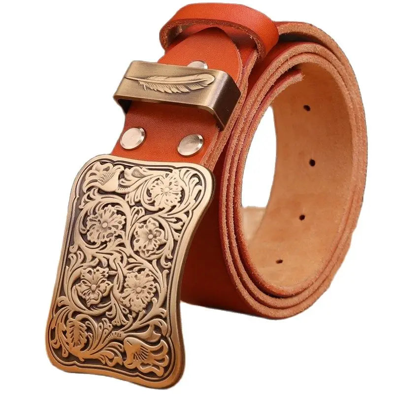 Solid brass flower buckle belt full grain cowhide leather high quality vintage