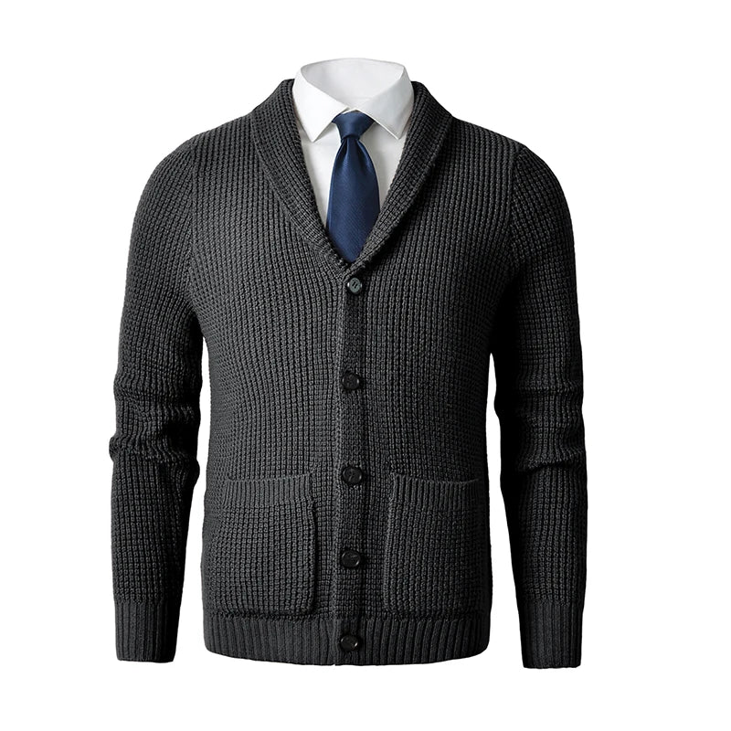 Shawl Collar Cardigan Sweater Slim Fit Cable Knit Button up Merino wool Sweater with Pockets