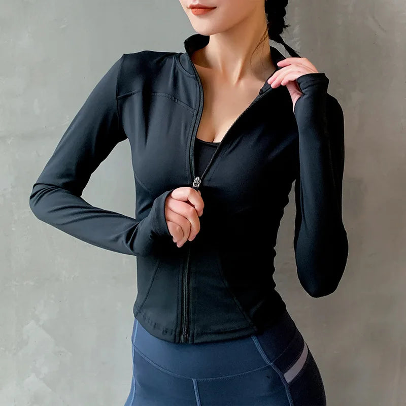 Sport Jacket Zipper Yoga Coat Clothes Quick Dry Fitness Jacket Thumb Hole Sportwear Gym Workout Top
