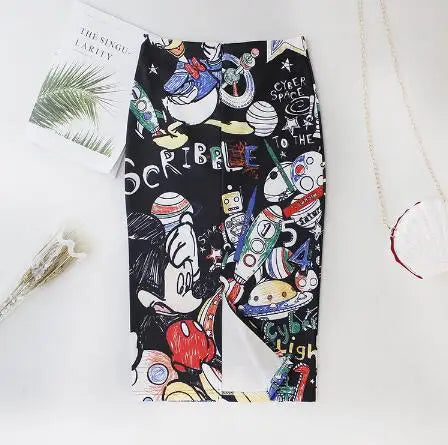 Women's Pencil Skirt High Waist Slim Skirts Print  Large Size Cartoon Summer