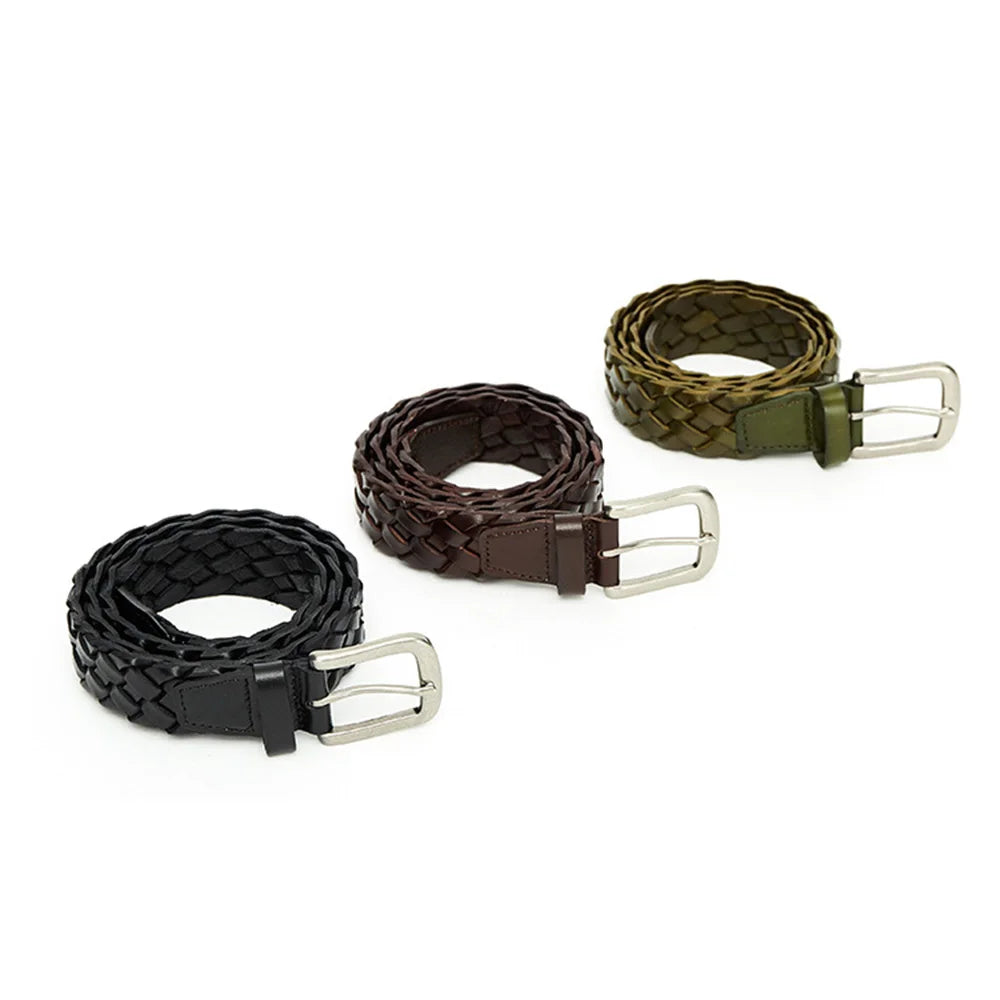 Design Top Quality Weaving Cowhide Leather Belt Alloy Pin Buckle