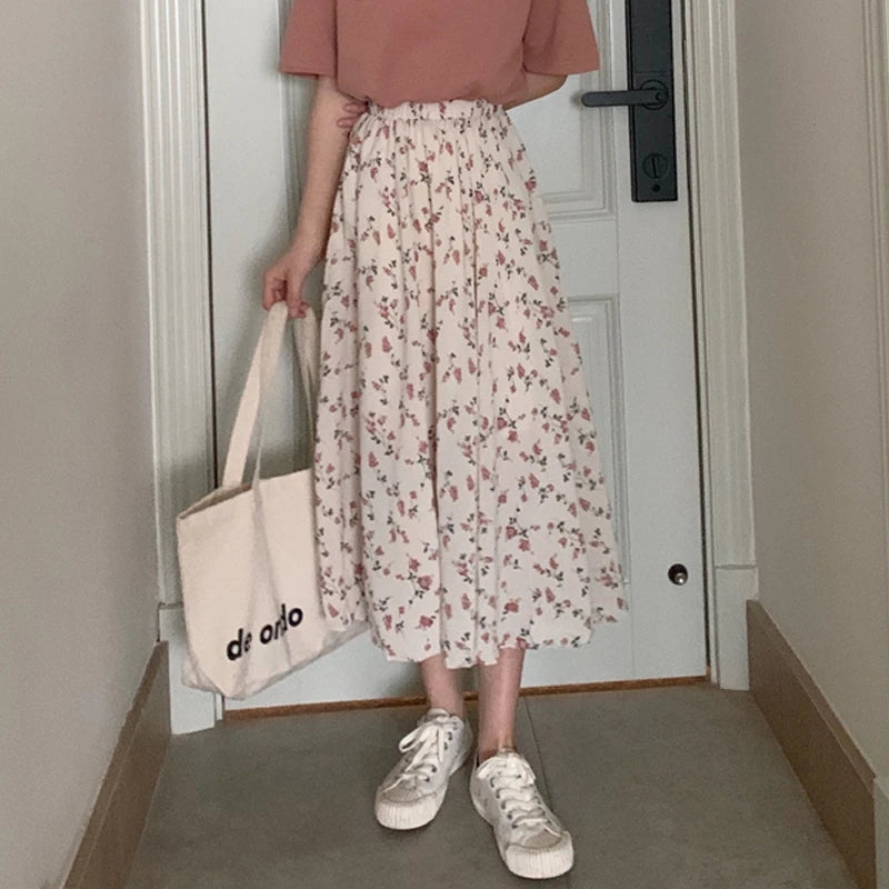 Vintage Floral Print A-line Pleated Long Skirts Summer Women Skirt Streetwear Drawstring Elastic Waist Midi Skirt