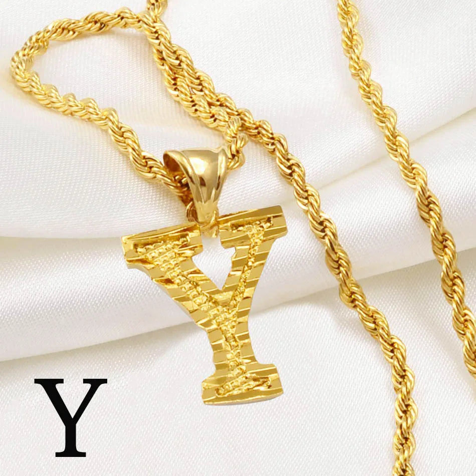 Anniyo A-Z Letters Necklaces Women Men Gold Plated Initial Pendant Rope Chain English Letter Jewelry Alphabet