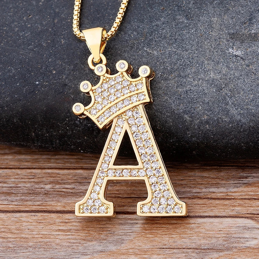 Nidin  Luxury Copper Zircon A-Z Crown Alphabet Pendant Chain Necklace Hip-Hop Style Fashion Woman Man Initial Name Jewelry