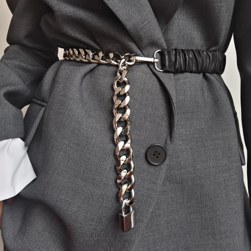 Elastic Leather Silver Chain Belt Ladies Dress Stretch Cummerbunds Female Coat Corset Long Waistband Belts For women Strap