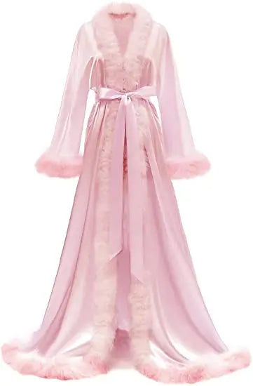 Women's Satin Robe Fur Luxurious Bathrobe Sleepwear Feather Robe with Belt