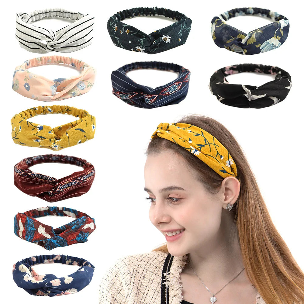 Fashion Women Summer Bohemian Hair Bands Print Headbands Vintage Cross Turban Bandage Bandanas Hair Bands Hair Accessories