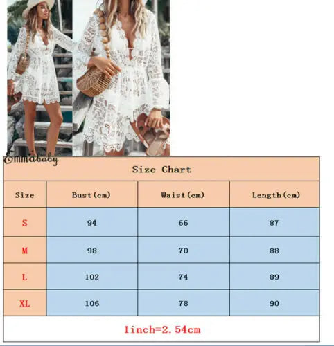 Women Sexy V-neck Lace Beach Bikini Cover Up Female Boho Casual Party Holiday Beach Dress Sundress Cover Up Outfits