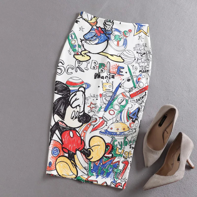 Women's Pencil Skirt High Waist Slim Skirts Print  Large Size Cartoon Summer