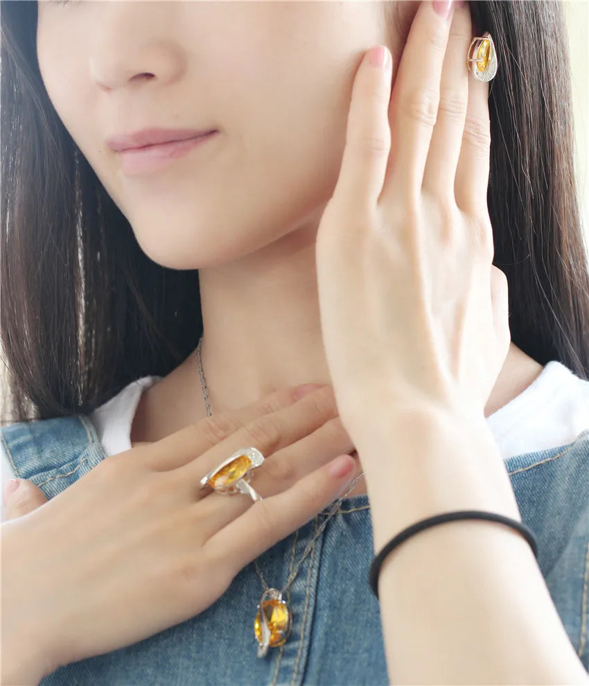 Gold Color  Jewelry Set Yellow Crystal Jewelry Sets Necklace Pendant Earrings Set