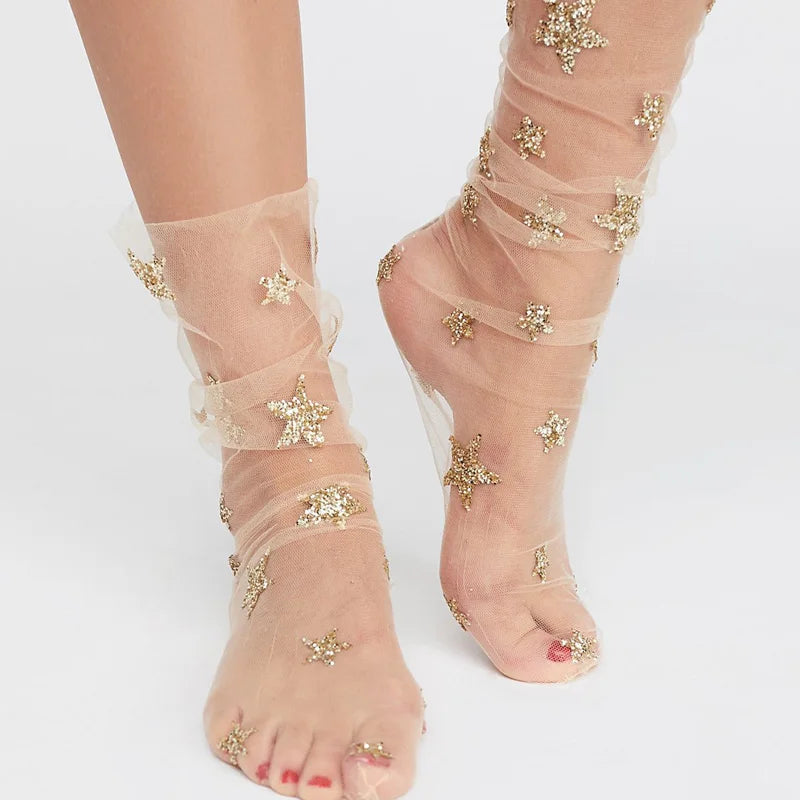 Fashion Star Transparent Socks Art Women Funny Glitter Socks Hosiery Ankle Socks Female Hipster