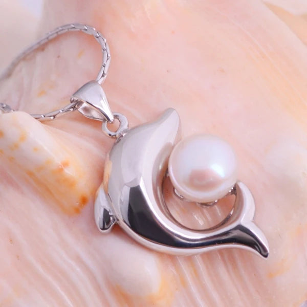 Simulated Pearl Choker Silver Dolphin Necklace