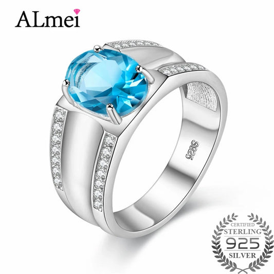 3.5ct Oval Blue Topaz Gemstone Ring Wide Band 925 Sterling Silver  Fine Jewelry