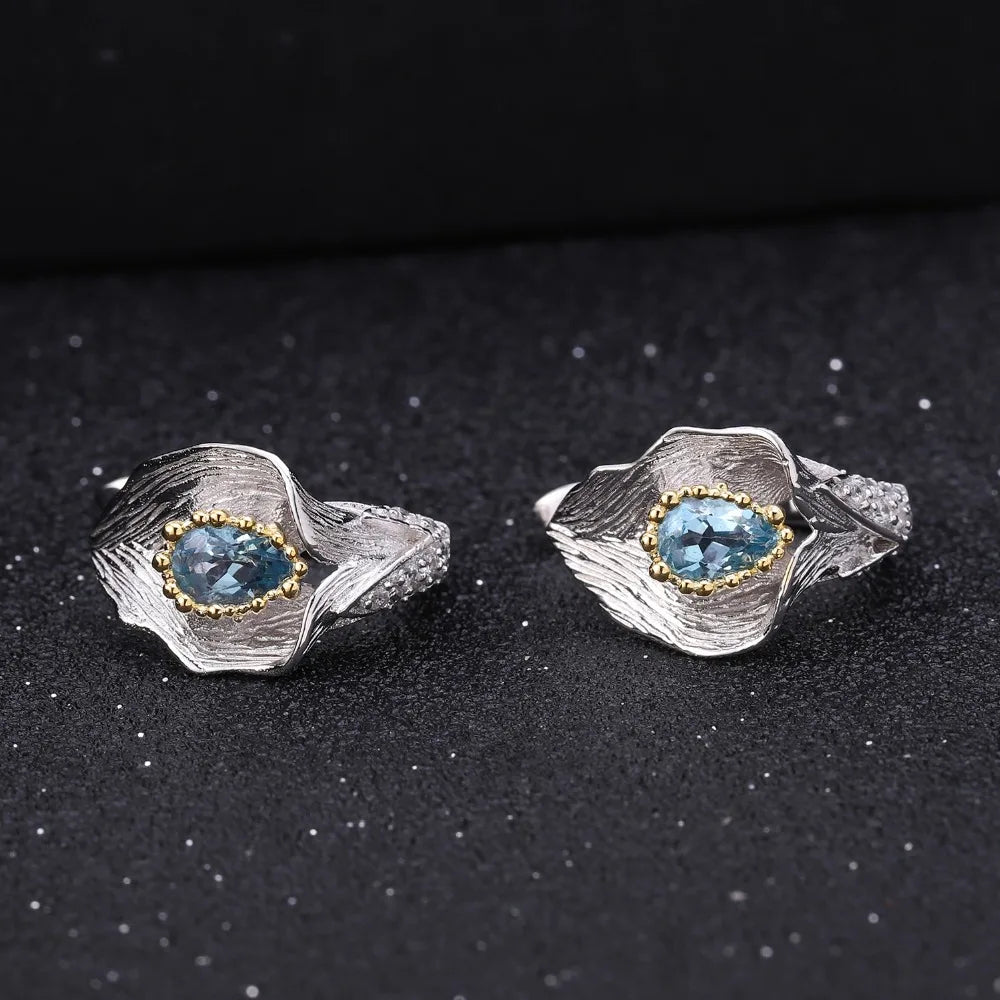1.68Ct Natural Swiss Blue Topaz Calla lily Leaf Earrings 925 Sterling Silver Handmade Stud Earrings for Women