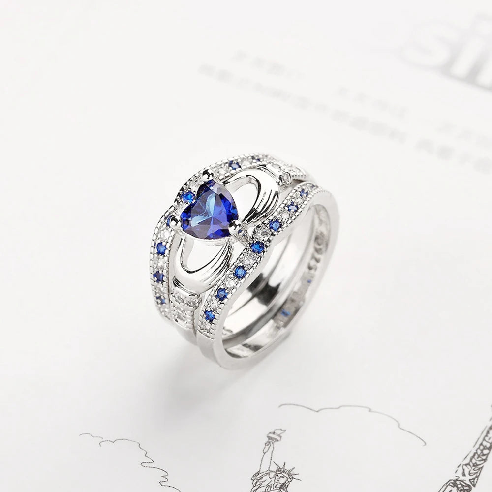 3 Piece Set Rings  Cubic Zirconia  Blue Heart Promise Ring