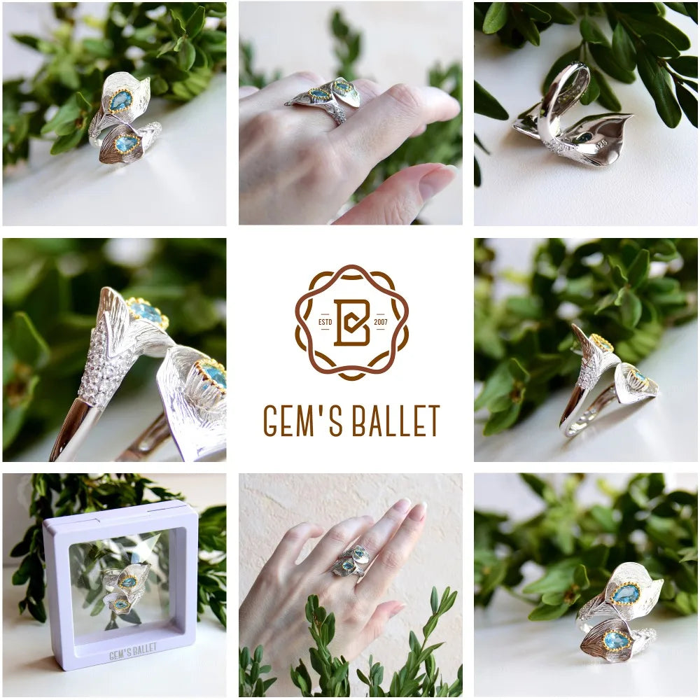 1.25C Natural Swiss Blue Topaz Calla lily Leaf Rings 925 Sterling Silver Handmade Adjustable Ring for Women