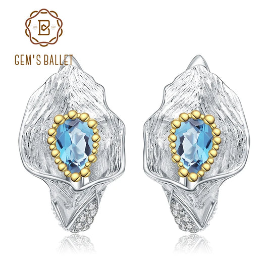 1.68Ct Natural Swiss Blue Topaz Calla lily Leaf Earrings 925 Sterling Silver Handmade Stud Earrings for Women