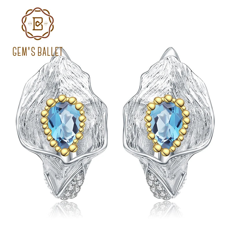 1.68Ct Natural Swiss Blue Topaz Calla lily Leaf Earrings 925 Sterling Silver Handmade Stud Earrings for Women