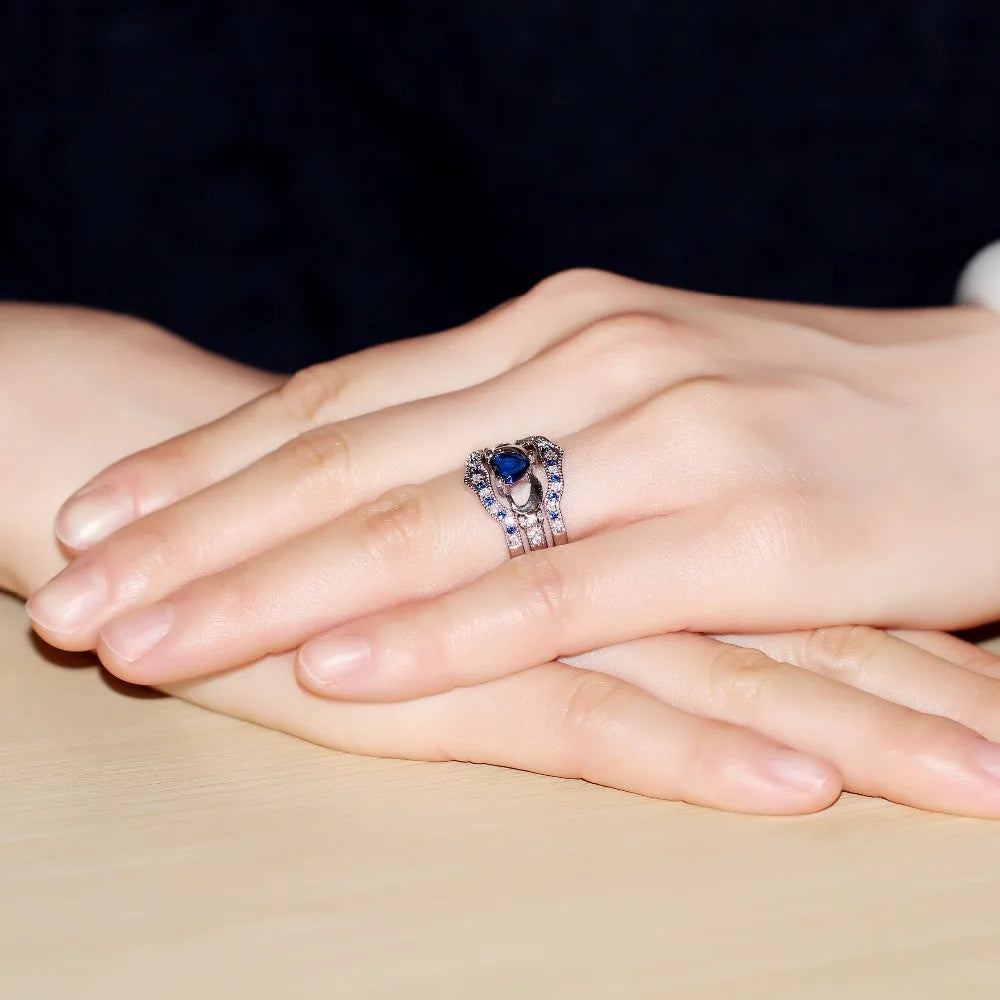 3 Piece Set Rings  Cubic Zirconia  Blue Heart Promise Ring