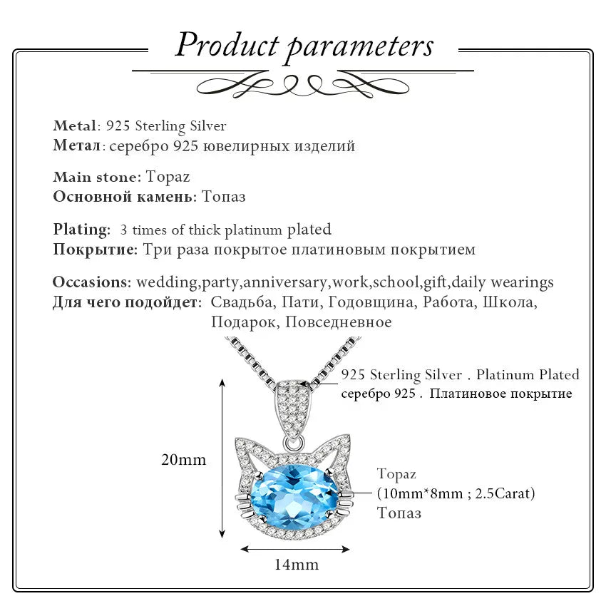 2ct Blue Topaz Cat Necklace Long Pendant Crystal Chain  Silver 925
