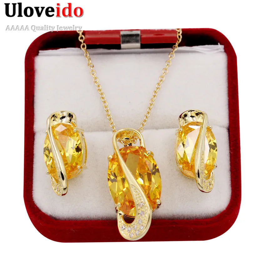 Gold Color  Jewelry Set Yellow Crystal Jewelry Sets Necklace Pendant Earrings Set