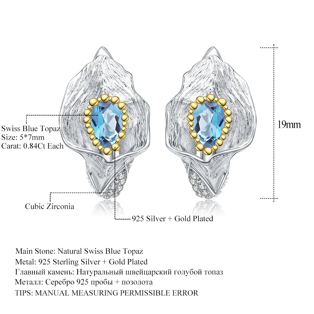 1.68Ct Natural Swiss Blue Topaz Calla lily Leaf Earrings 925 Sterling Silver Handmade Stud Earrings for Women