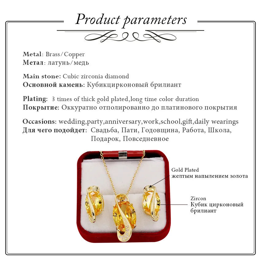 Gold Color  Jewelry Set Yellow Crystal Jewelry Sets Necklace Pendant Earrings Set