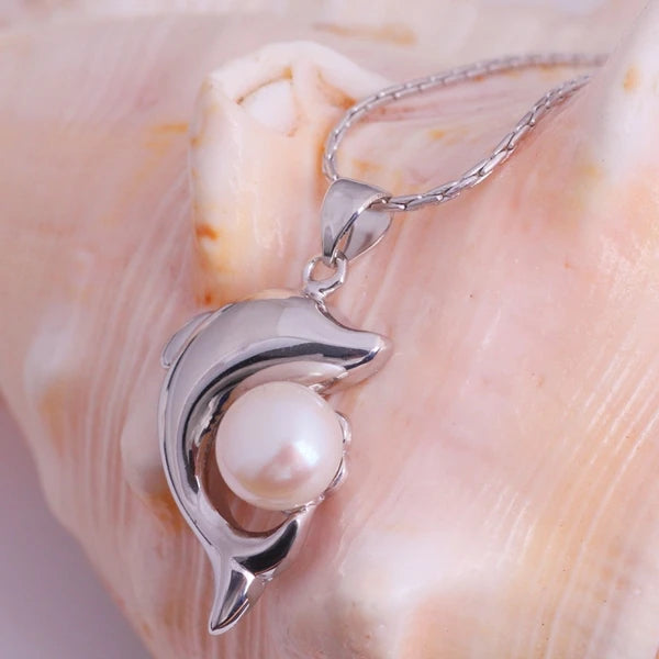 Simulated Pearl Choker Silver Dolphin Necklace