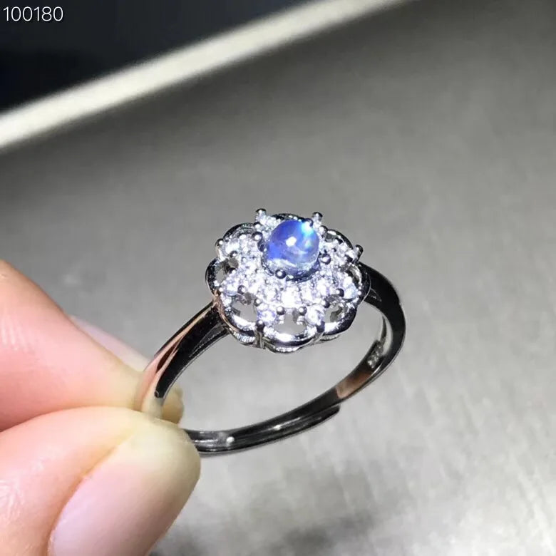 Simple and Refined, Natural Blue Moonstone Ring, 925 Silver, 4*4mm