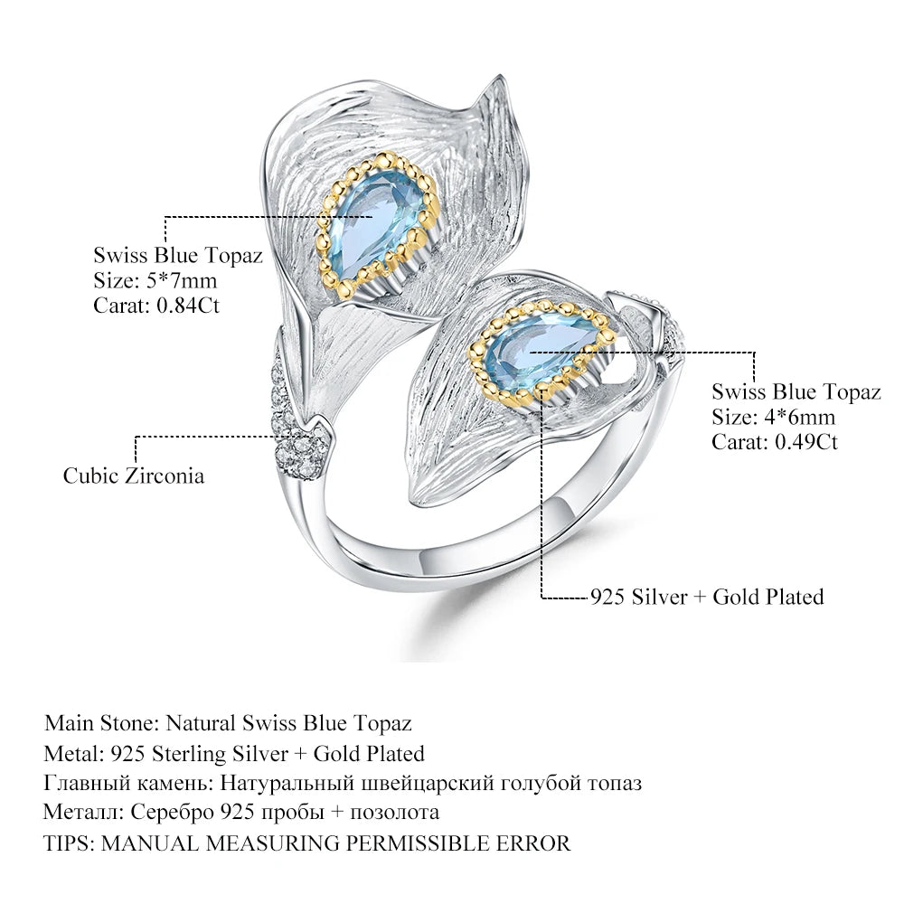 1.25C Natural Swiss Blue Topaz Calla lily Leaf Rings 925 Sterling Silver Handmade Adjustable Ring for Women