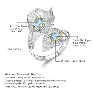 1.25C Natural Swiss Blue Topaz Calla lily Leaf Rings 925 Sterling Silver Handmade Adjustable Ring for Women