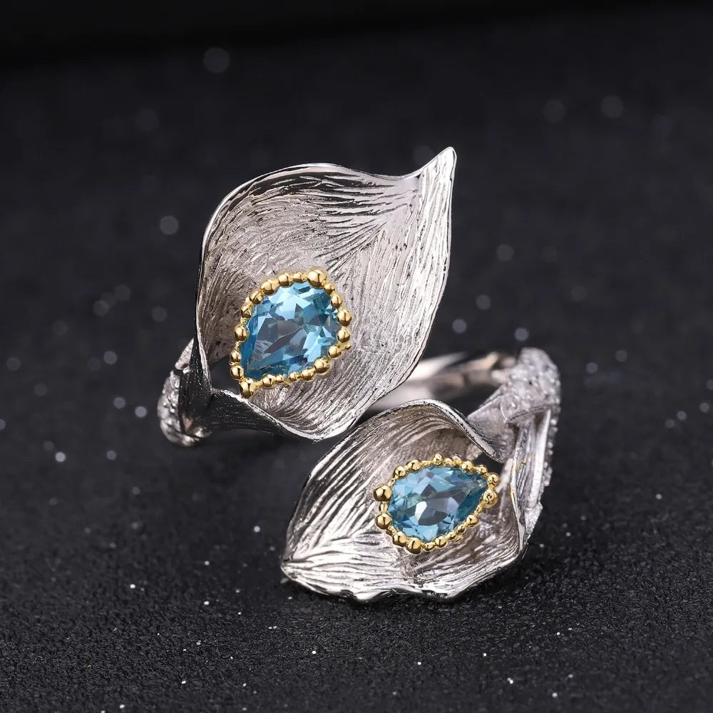 1.25C Natural Swiss Blue Topaz Calla lily Leaf Rings 925 Sterling Silver Handmade Adjustable Ring for Women