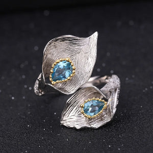 1.25C Natural Swiss Blue Topaz Calla lily Leaf Rings 925 Sterling Silver Handmade Adjustable Ring for Women