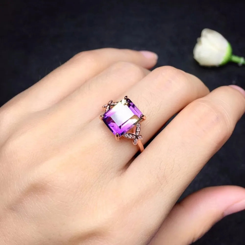 Natural Square Amethyst Gemstone Ring, 925 Sterling Silver, 8*10mm*1 Pcs