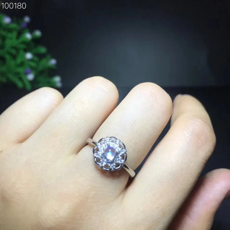 Simple and Refined, Natural Blue Moonstone Ring, 925 Silver, 4*4mm