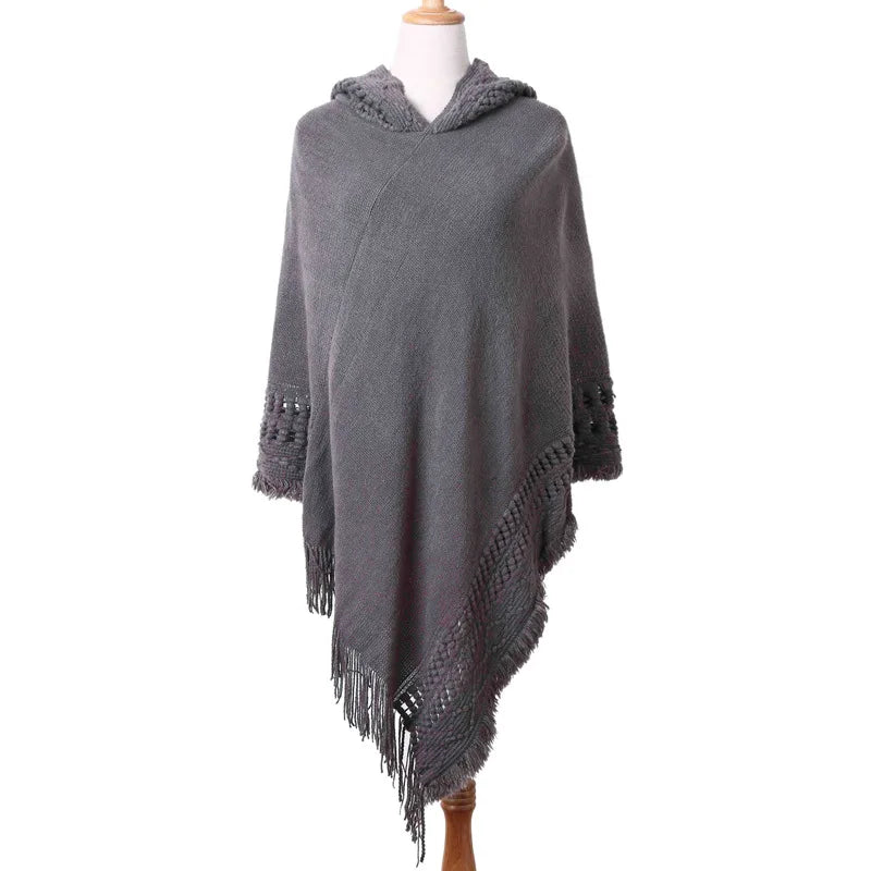 Ladies Tassel Cape Coat Fringe Poncho Oblique Stripe Coat Bohemian Shawl Scarf