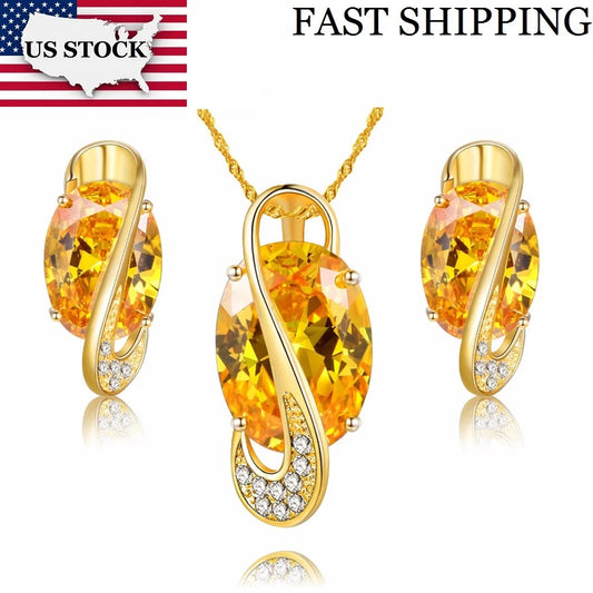 Gold Color  Jewelry Set Yellow Crystal Jewelry Sets Necklace Pendant Earrings Set