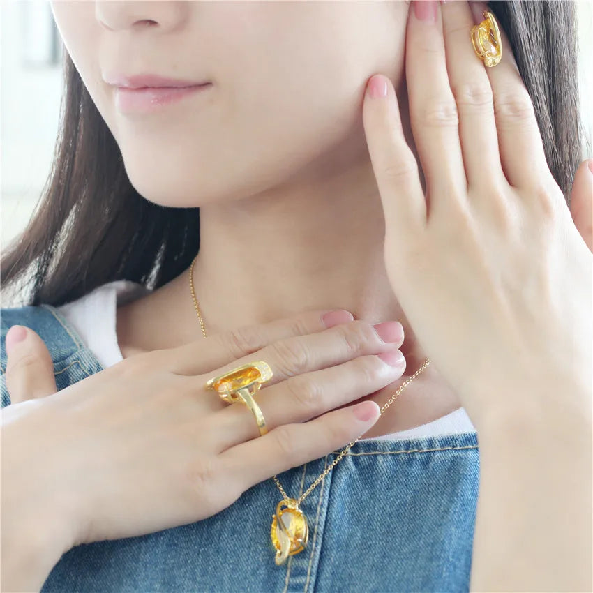 Gold Color  Jewelry Set Yellow Crystal Jewelry Sets Necklace Pendant Earrings Set