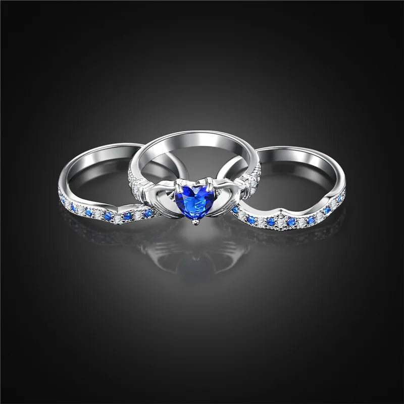 3 Piece Set Rings  Cubic Zirconia  Blue Heart Promise Ring