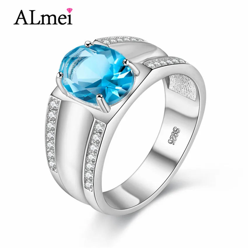 3.5ct Oval Blue Topaz Gemstone Ring Wide Band 925 Sterling Silver  Fine Jewelry