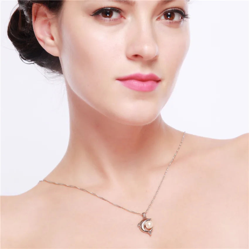 Simulated Pearl Choker Silver Dolphin Necklace